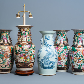 Four Chinese Nanking crackle glazed famille rose vases with warrior scenes and a blue and white celadon ground vase, 19th/20th C.