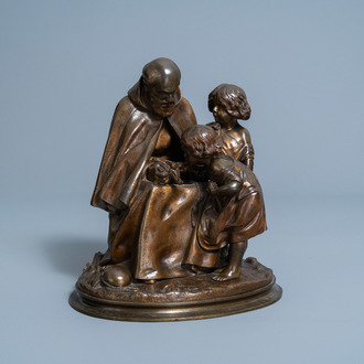 François-Michel Pascal (1810-1882): A monk shows two children the body of Christ, brown patinated bronze