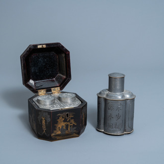 A Chinese parcel-gilt lacquer tea box with landscapes and a pewter tea caddy with engraved design, Republic, 20th C.