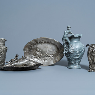 A beautiful and varied collection of pewter Art Nouveau 'naked nymph' items with relief decoration, France, first half of the 20th C.