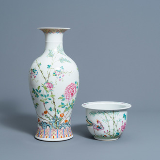A Chinese famille rose vase with floral design and a jardinière with a phoenix among blossoming branches, Republic, 20th C.