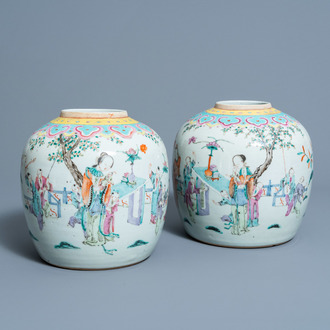 Two Chinese famille rose jars with playing figures in a garden, 19th C.