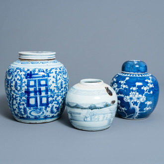 Three various Chinese blue and white ginger jars, 19th/20th C.