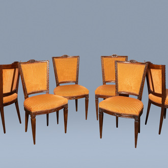 Six Dutch mahogany dining chairs with velvet upholstery, 18th C. and later
