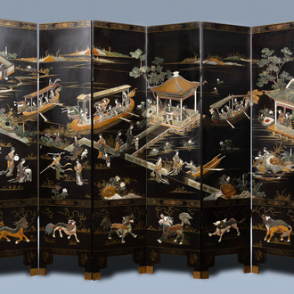 A Chinese six-part folding screen inlaid with bone, mother-of-pearl and various semi-precious stones, 20th C