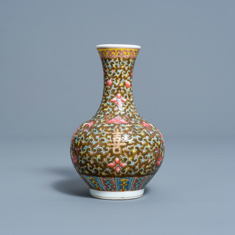 A Chinese famille rose brown ground vase with floral design, 'Happiness' mark, Republic, 20th C.