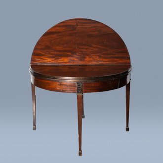 A Belgian mahogany 'demilune' card table with brass inlay, marked Chapuis (Jean Joseph Chapuis, 1765-1864), early 19th C.