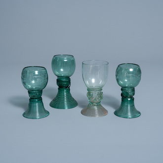 Four Dutch waldglas roemers with raspberry prunts, two of which decorated with grapevines, 18th/19th C.