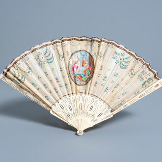 A French bone and painted textile fan with an allegorical representation, 19th C.