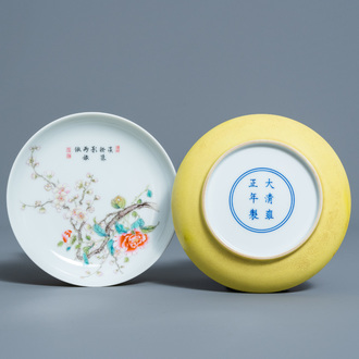 A pair of Chinese famille rose yellow-back saucer dishes with floral design, Yongzheng mark, 20th C.