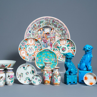 A varied collection of Chinese famille rose and iron red porcelain and three turquoise glazed models of Buddhist lions, 19th/20th C.