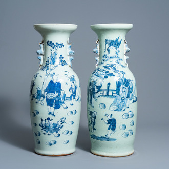 Two Chinese blue and white celadon ground vases with figures in a landscape, 19th C.