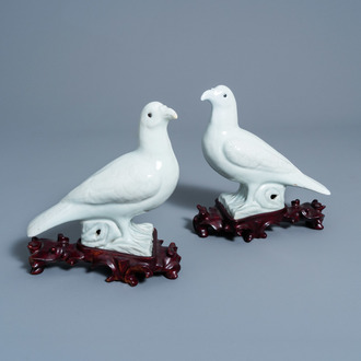 A pair of Chinese blanc de Chine models of pigeons, 19th C.