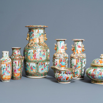 Six Chinese Canton famille rose vases, a jar and cover and a cream jug, 19th C.
