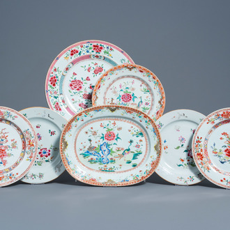 Seven Chinese famille rose plates and chargers with birds and floral design, Qianlong