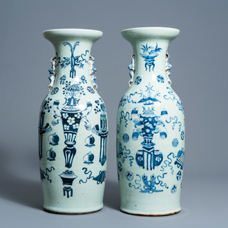 Two Chinese blue and white celadon ground vases with antiquities design, 19th C.