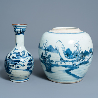 Een Chinese blauw-witte gemberpot en een vaas met een rivierlandschap, 19de eeuw