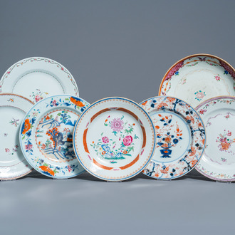 Seven Chinese famille rose and Imari style plates with floral design, Kangxi/Qianlong