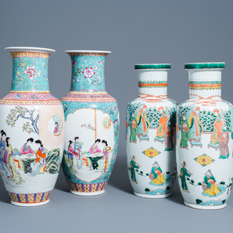 A pair of Chinese famille verte vases with figurative design all around and two famille rose vases with ladies in a garden, 20th C.