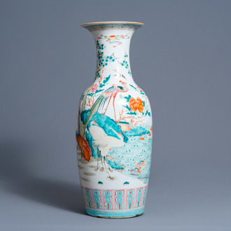 A Chinese famille rose vase with various birds in a water landscape, 19th C.