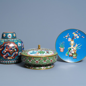 Two Chinese cloisonné jars and covers and a 'flower vases' plate, 20th C.
