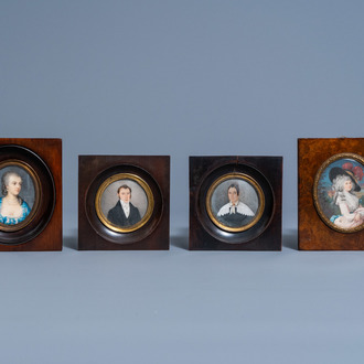 French school: Portrait of a gentleman and a lady, miniatures on ivory, and two 18th C. style miniatures, 19th/20th C.