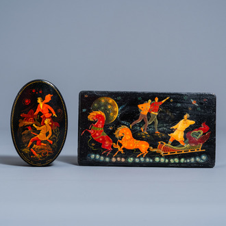 Two Russian lacquered boxes and covers with figurative design, a.o. Palekh, 19th/20th C.