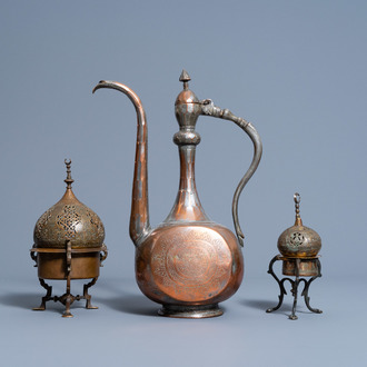 Two bronze incense burners and a coppered pewter ewer, Qajar, 19th/20th C.