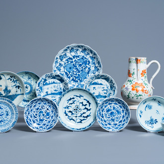 A varied collection of Chinese blue, white and famille verte porcelain with fish, landscapes and floral design, Kangxi and later