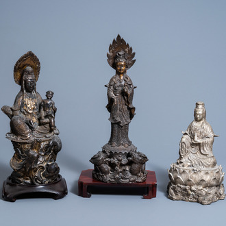 Three various oriental metal alloy figures of Guanyin, 20th C.