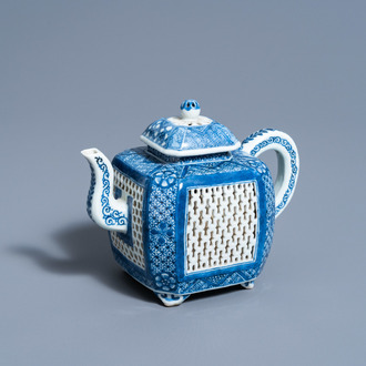 A square Chinese blue and white reticulated teapot and cover with floral design, Kangxi