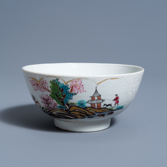 A Chinese famille rose and bianco sopra bianco bowl with an animated landscape, Qianlong