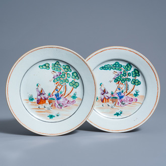 A pair of Chinese famille rose export porcelain 'Cherry Pickers' plates, Qianlong