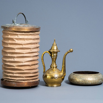 A lantern, a bronze 'tombak' ewer and a brass bowl, Turkey, 19th/20th C.