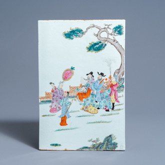 A Chinese famille rose plaque with figures in a landscape, 19th C.