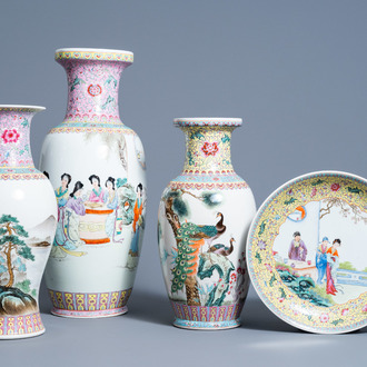 Three various Chinese famille rose vases and a charger with figures in a garden, 20th C.
