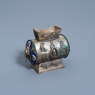 A Chinese partly enamelled silver-plated censer, 20th C.