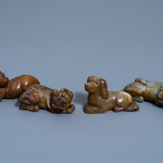 Four Chinese hardstone Buddhist lion and dog figures, 20th C.