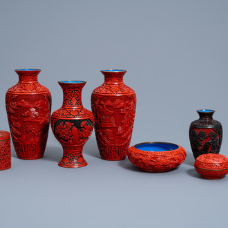 A varied collection of Chinese carved cinnabar and black lacquer items, 20th C.