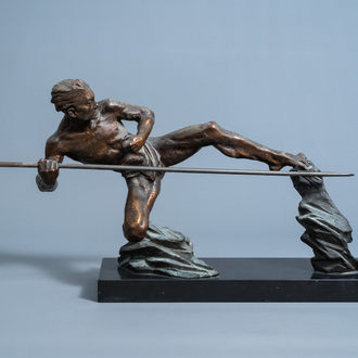 P. Berjean (20th C.): The hunter, patinated bronze on a black marble base