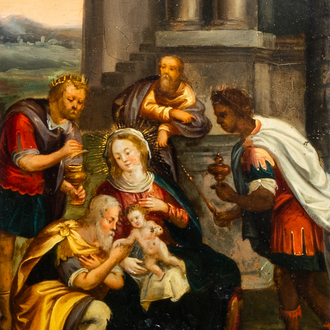 Flemish school: Adoration of the magi, oil on copper, 17th C.