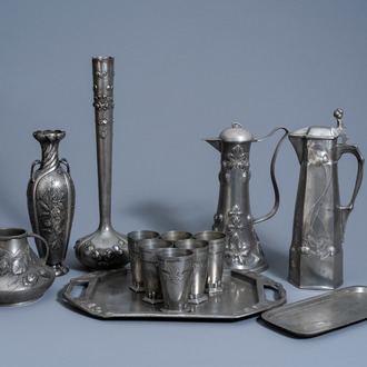 A beautiful and varied collection of pewter Art Nouveau items with floral design, France and Germany, first half of the 20th C.