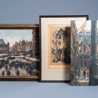 Kurt Peiser (1887-1962): 'Vieille cour au quartier populaire', etching, ed. E.A. and two cityscapes, oil on panel and oil on board, 20th C.