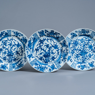Three Chinese blue and white plates with floral design, Kangxi