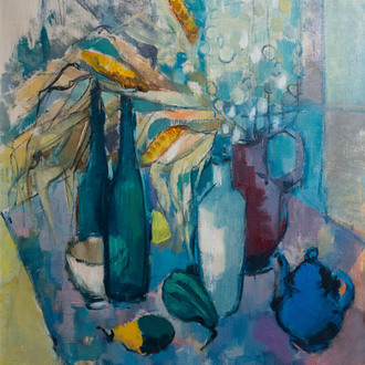 Belgian school: Still life with bottles and flowers, oil on canvas, 20th C.
