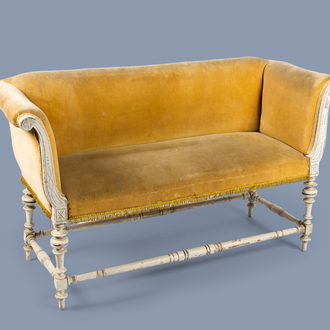 A white painted Louis XVI style wooden sofa with yellow velvet upholstery, 19th/20th C.
