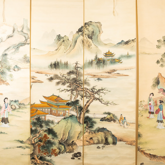 Chinese school, ink and colours on silk, 20th C.: Three animated landscapes