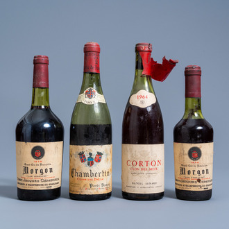 One bottle of Corton Clos des Meix, one bottle of Chambertin Clos de Bèze and two bottles Grand Cru du Beaujolais Morgon, 1962-1975