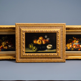 Zouaoui and European school (20th/21st C.): Three 17th C. style still lifes with fruit and crockery, oil on panel and canvas