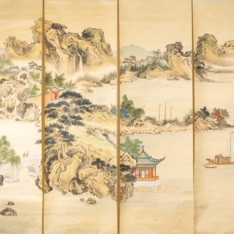 Chinese school, ink and colours on silk, 20th C.: A four-part continuous animated river landscape